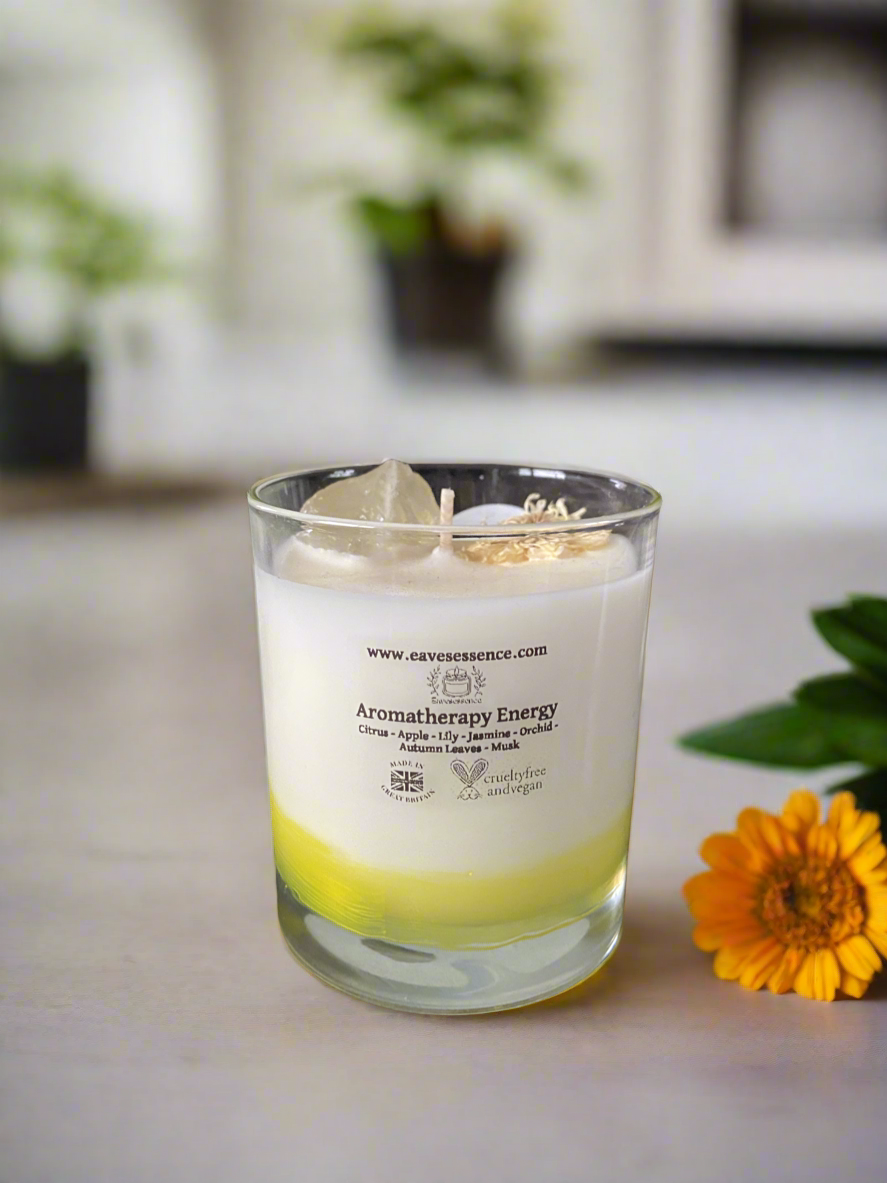 30cl Energy Boosting - Crystal Infused Aromatherapy Candle. Citrine, marigold