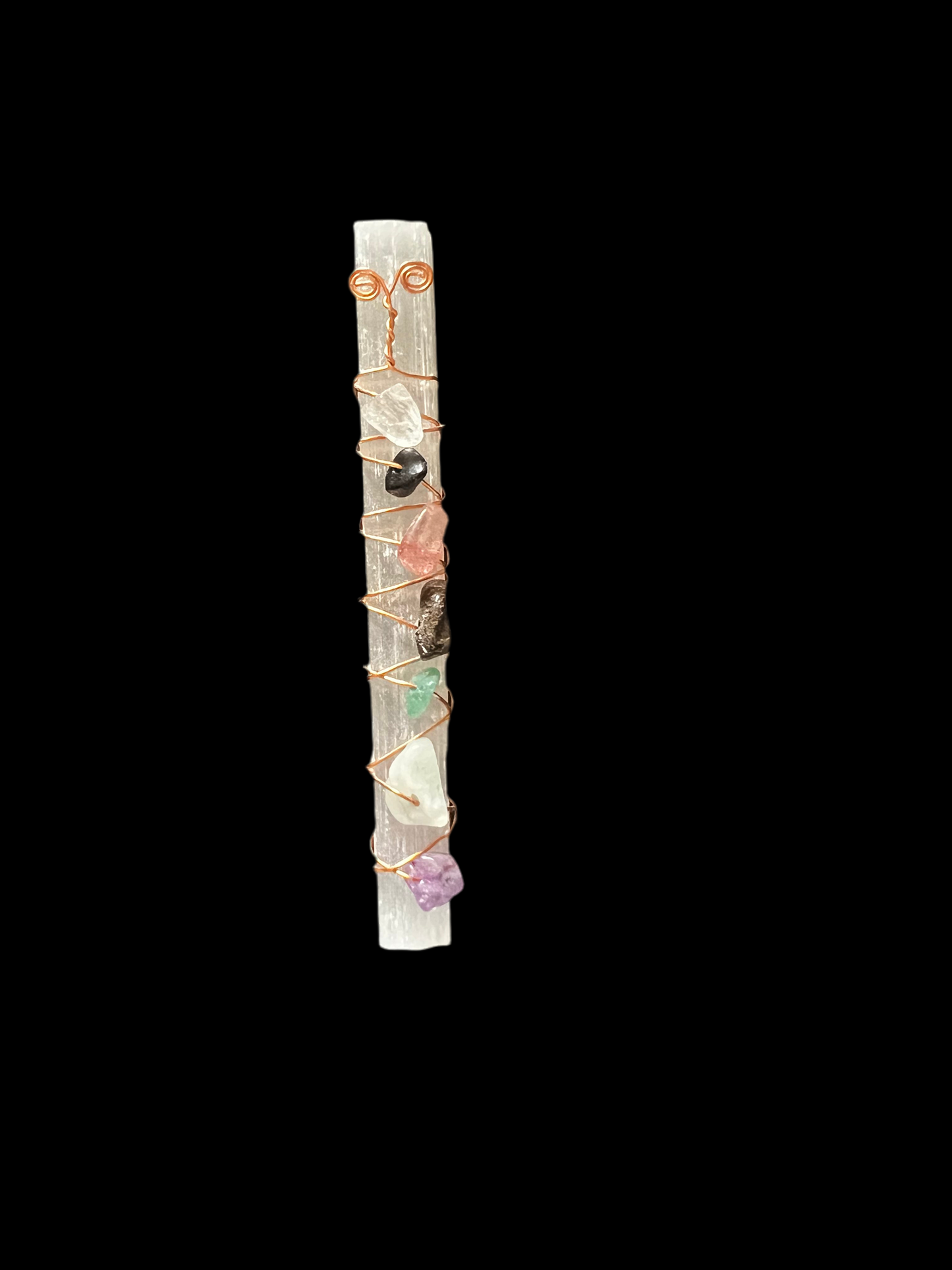 Handmade Selenite Wand with Mixed Gemstone Chips & Copper Wire – 10cm