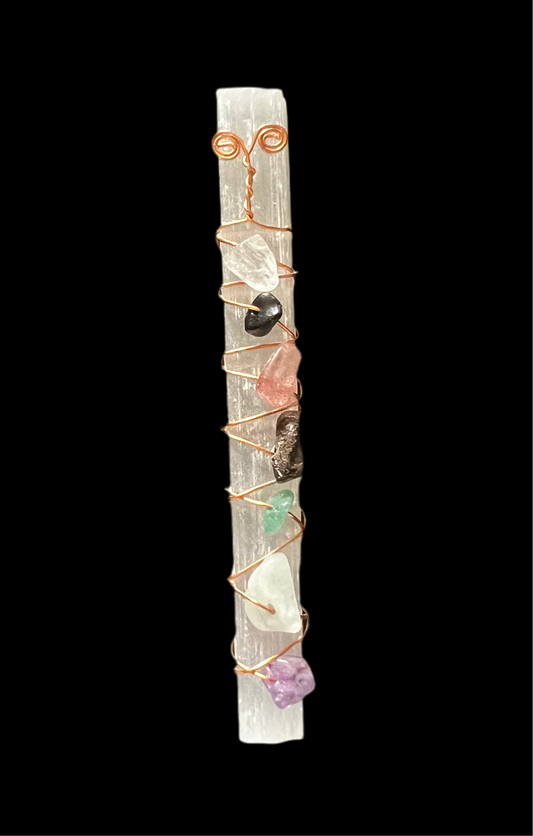 Handmade Selenite Wand with Mixed Gemstone Chips & Copper Wire – 10cm