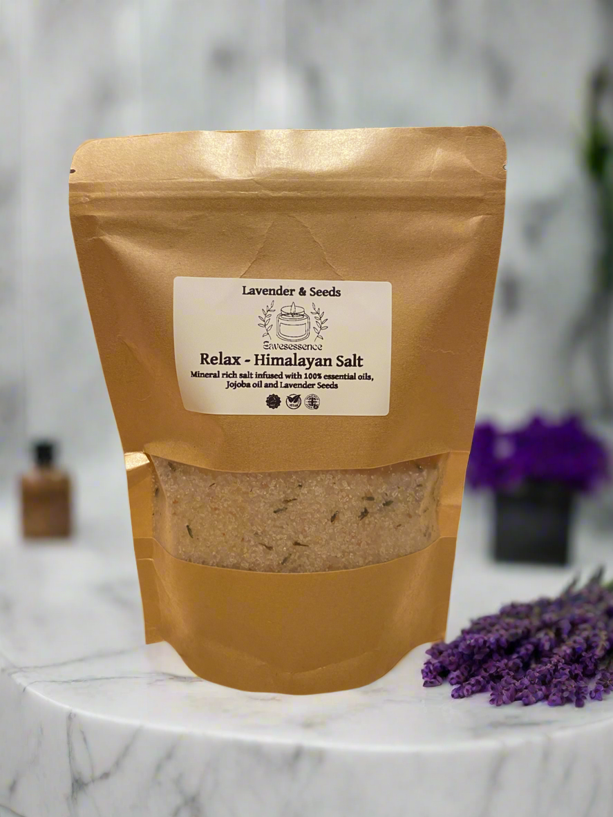 Relax: Himalayan bath salts with Lavender, jojoba and lavender seeds 500g